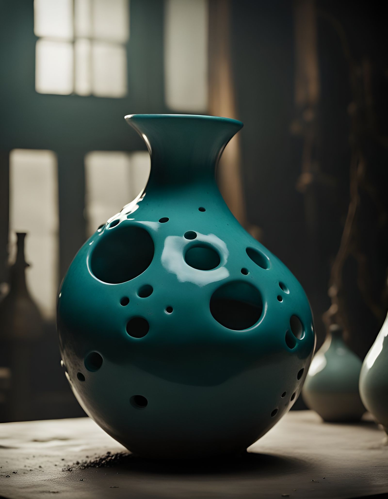 Surreal Teal Pottery Vase in Studio Lighting