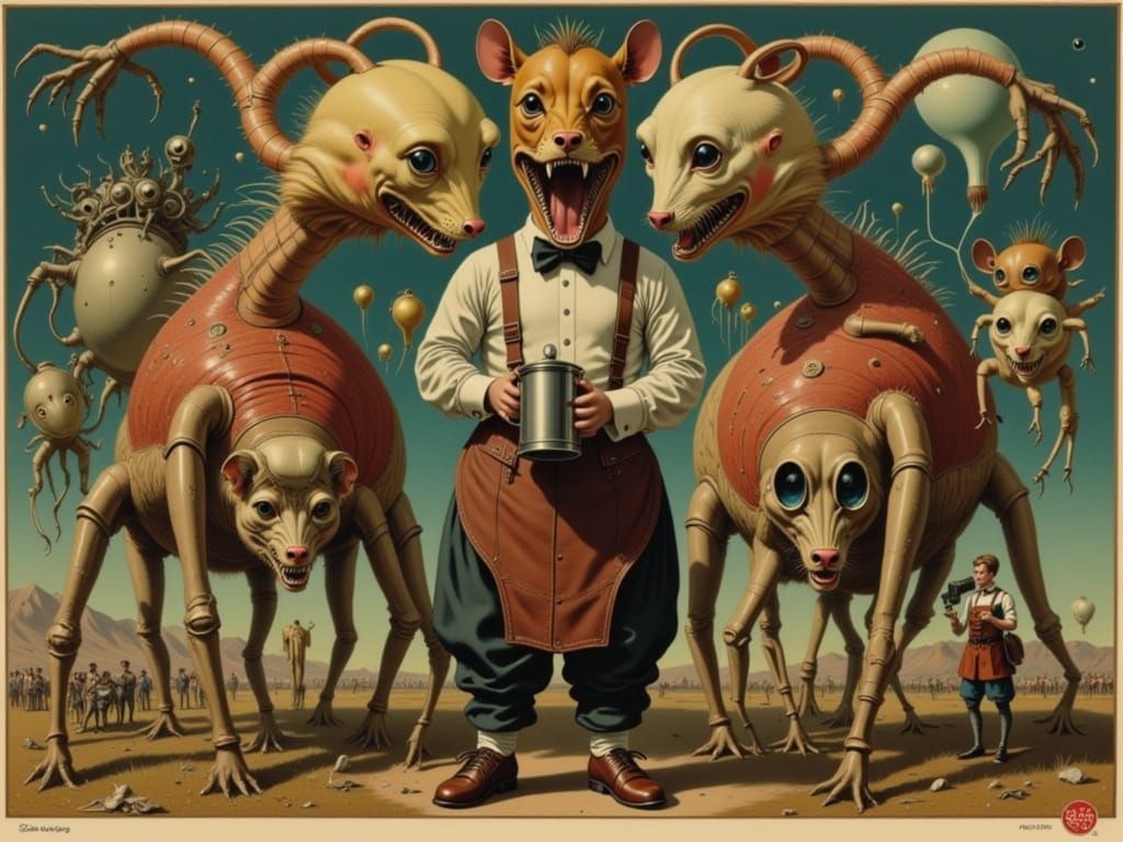 Surreal Milkmen Confrontation in Vintage-Futurism Style