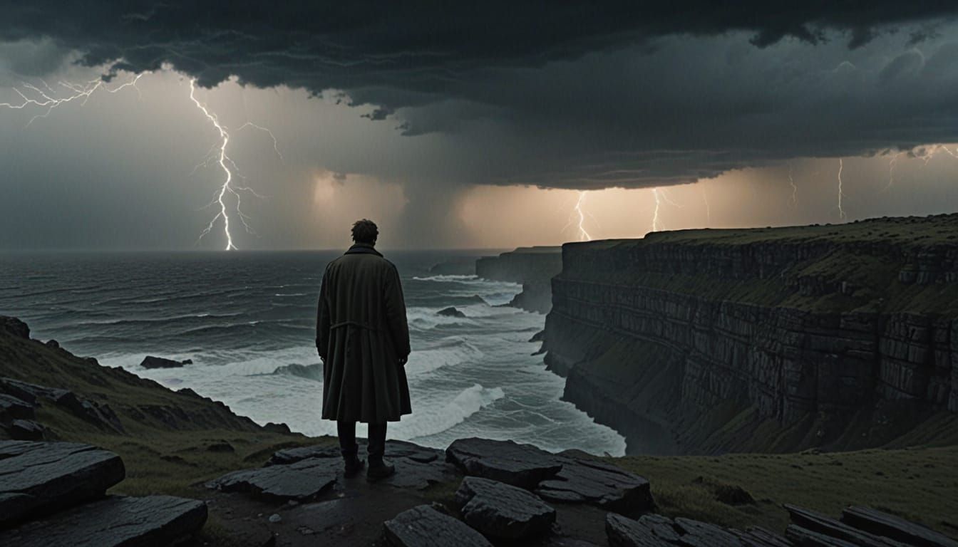 Mystical Warrior Stands Against Tempestuous Storm