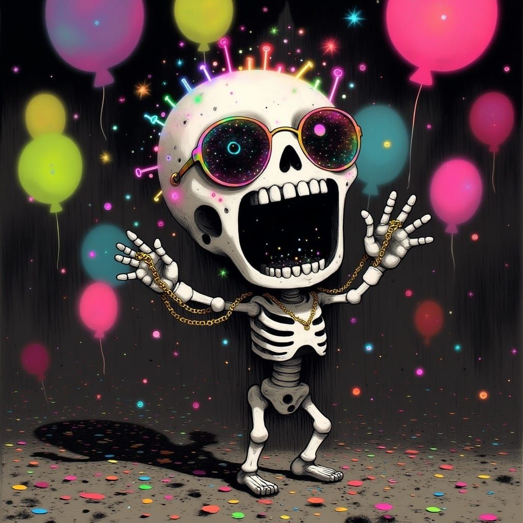 Tiny Skeleton Celebrates in a Neon-Lit Party Scene