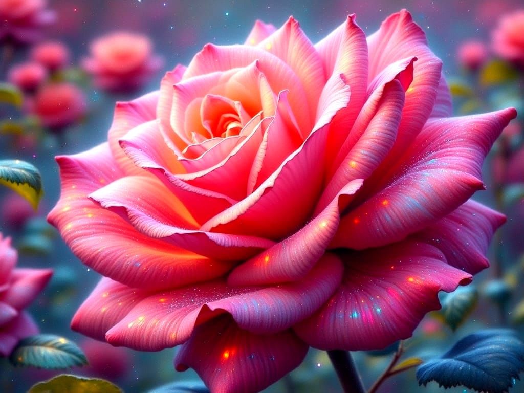 Vibrant Rose in Ethereal Glow, Ink Splatter Watercolor