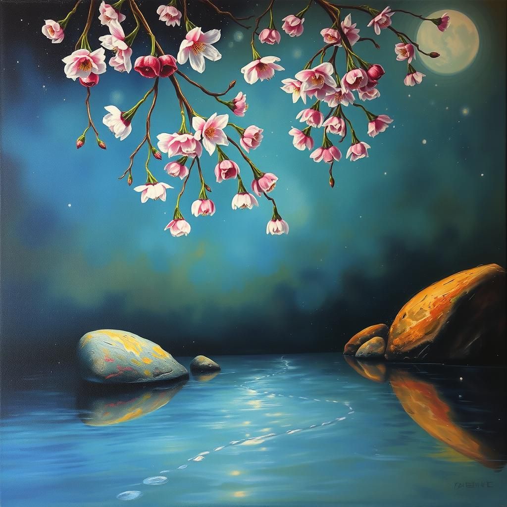 Surreal River Scene with Cherry Blossoms, Dali Style