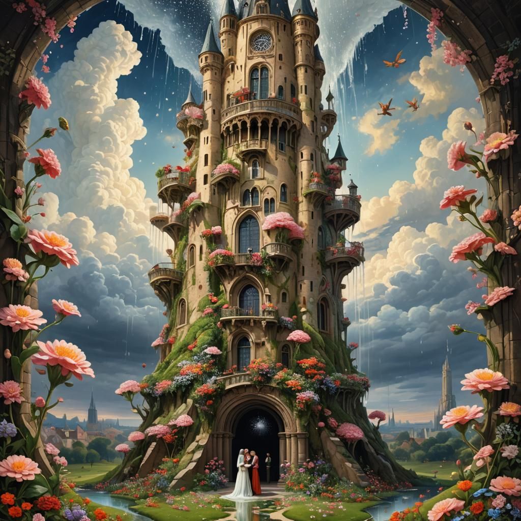 Surreal Couple in Flower Under Tower