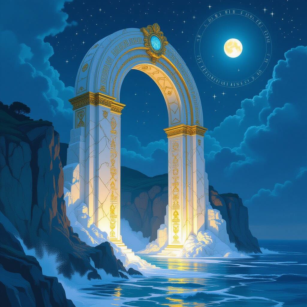 Radiant Marble Archway at Cliffside, Sci-Fi Ethereal Style
