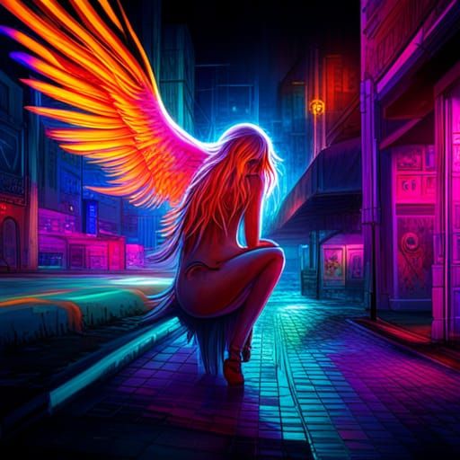 Cyberpunk Dark Wing Angel in Black Light