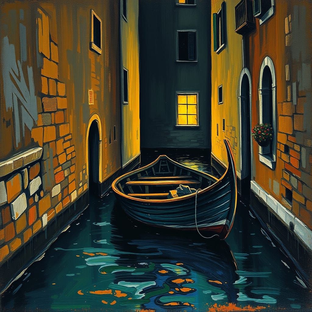 Renaissance Canal Scene in Neo-Impressionist Style