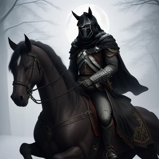 Black War Horse in Snowy Forest Under Moonlight