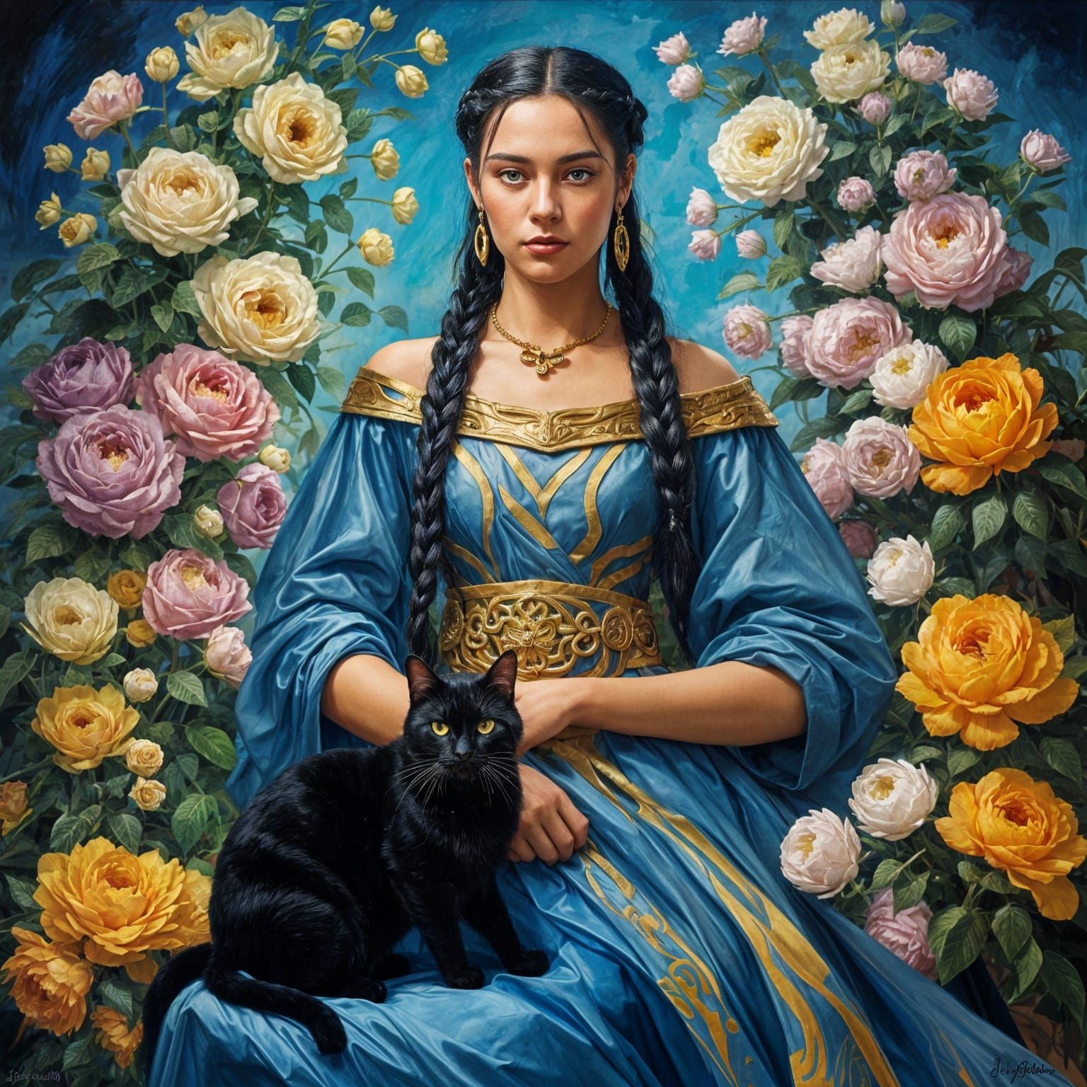 Brunhilde with Braids, Gown, and Black Cat