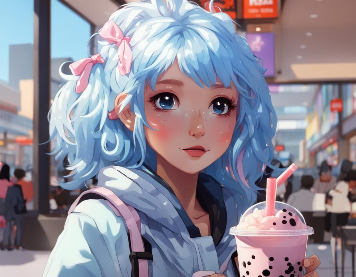 Anime Girl Drinking Boba Tea at the Mall