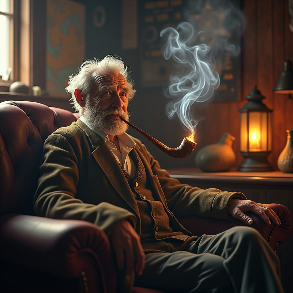 Old Sailor Smoking Pipe with Dancing Smoke