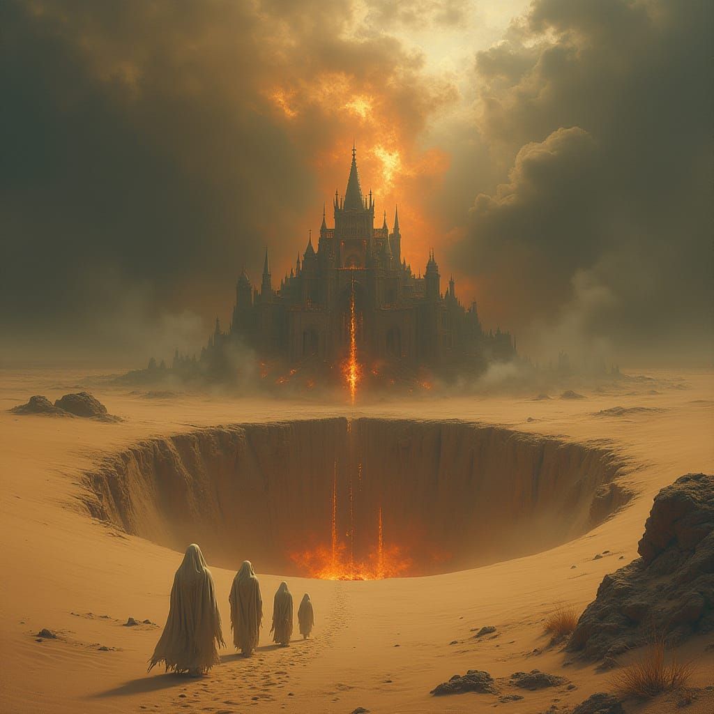 Ghostly Wanderers in a Haunting Desert Hellscape