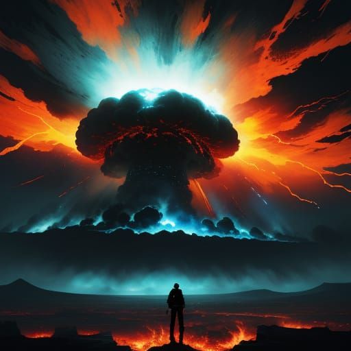 Defiant Figure Against Atomic Blast in Sci-Fi Dystopia