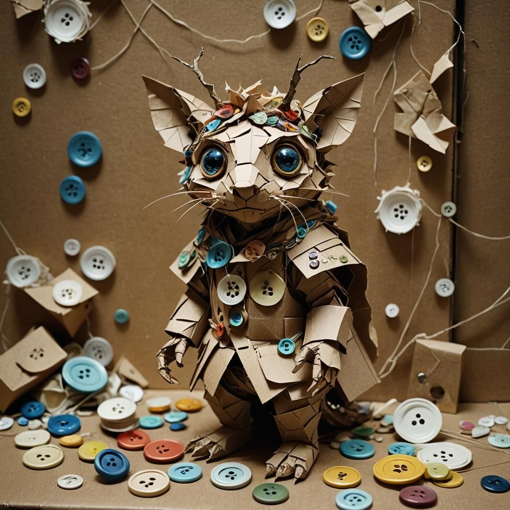 A very small creature made from cardboard and string, buttons and crumpled paper #2