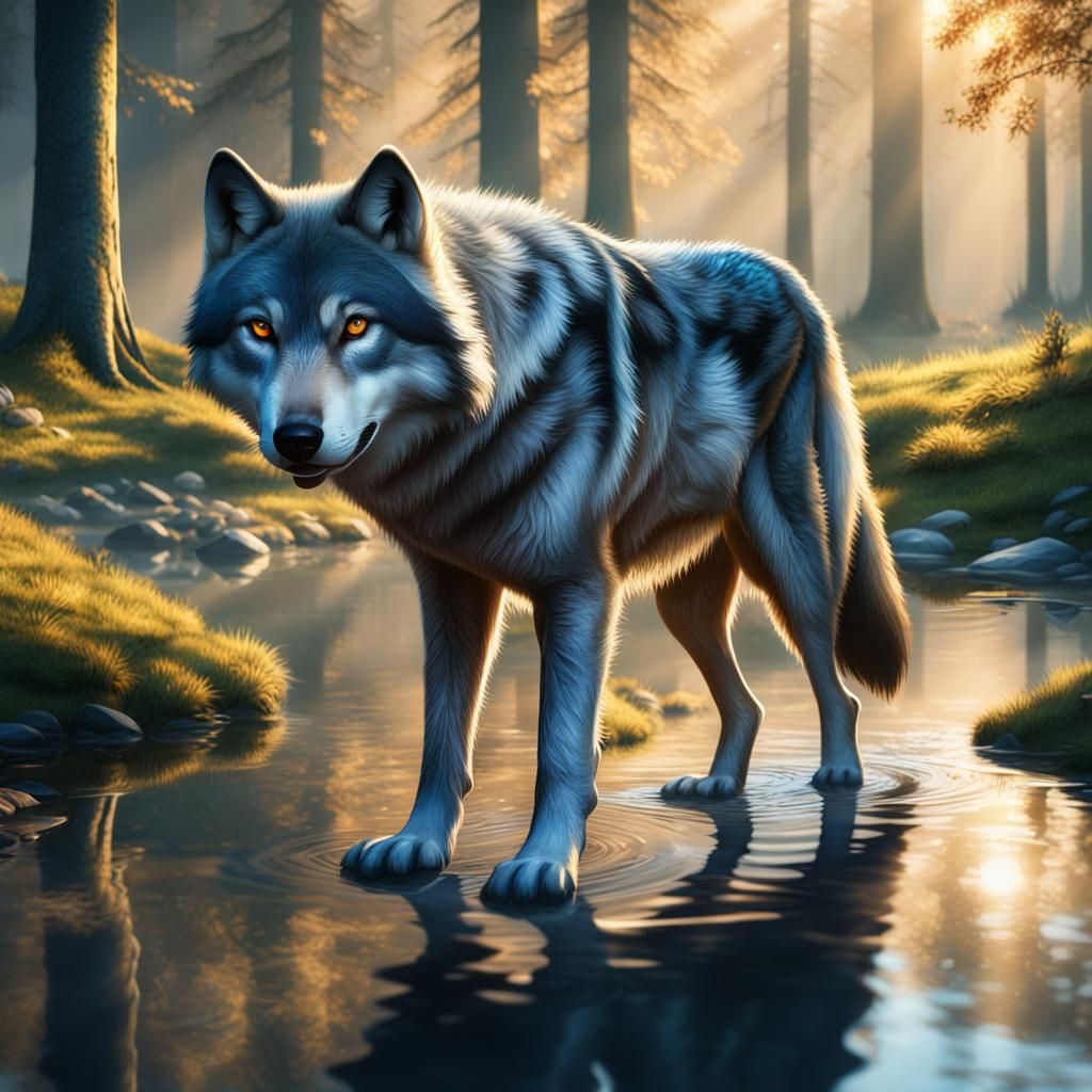 Grey Wolf Reflection in Forest Stream, Digital Painting