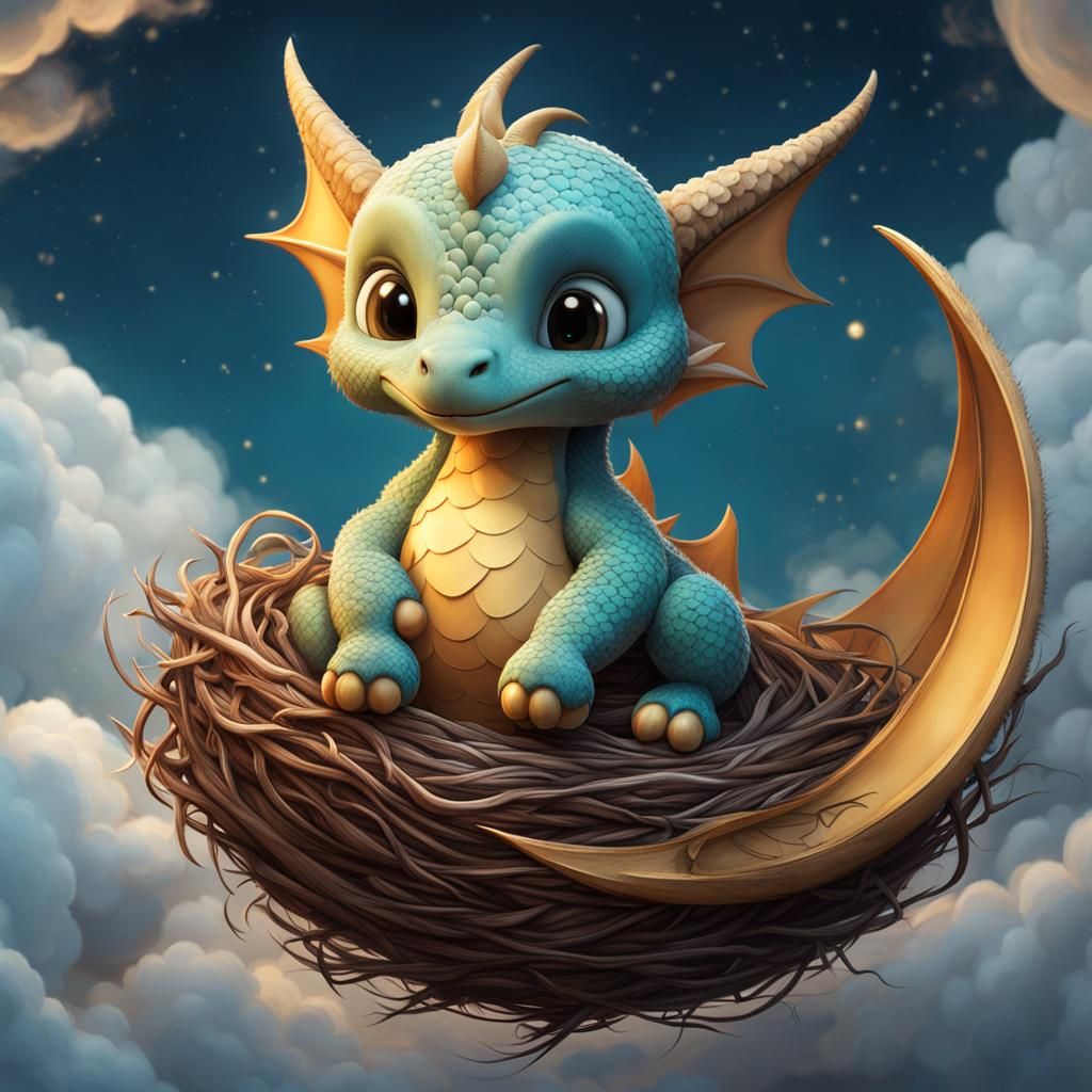Chibi Dragon on Moon, Pixar-style Digital Art