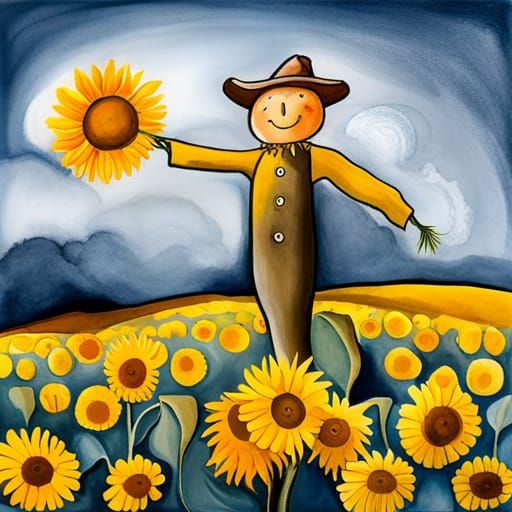 Scarecrow in Sunflower Field: Surreal Ink Wash Painting