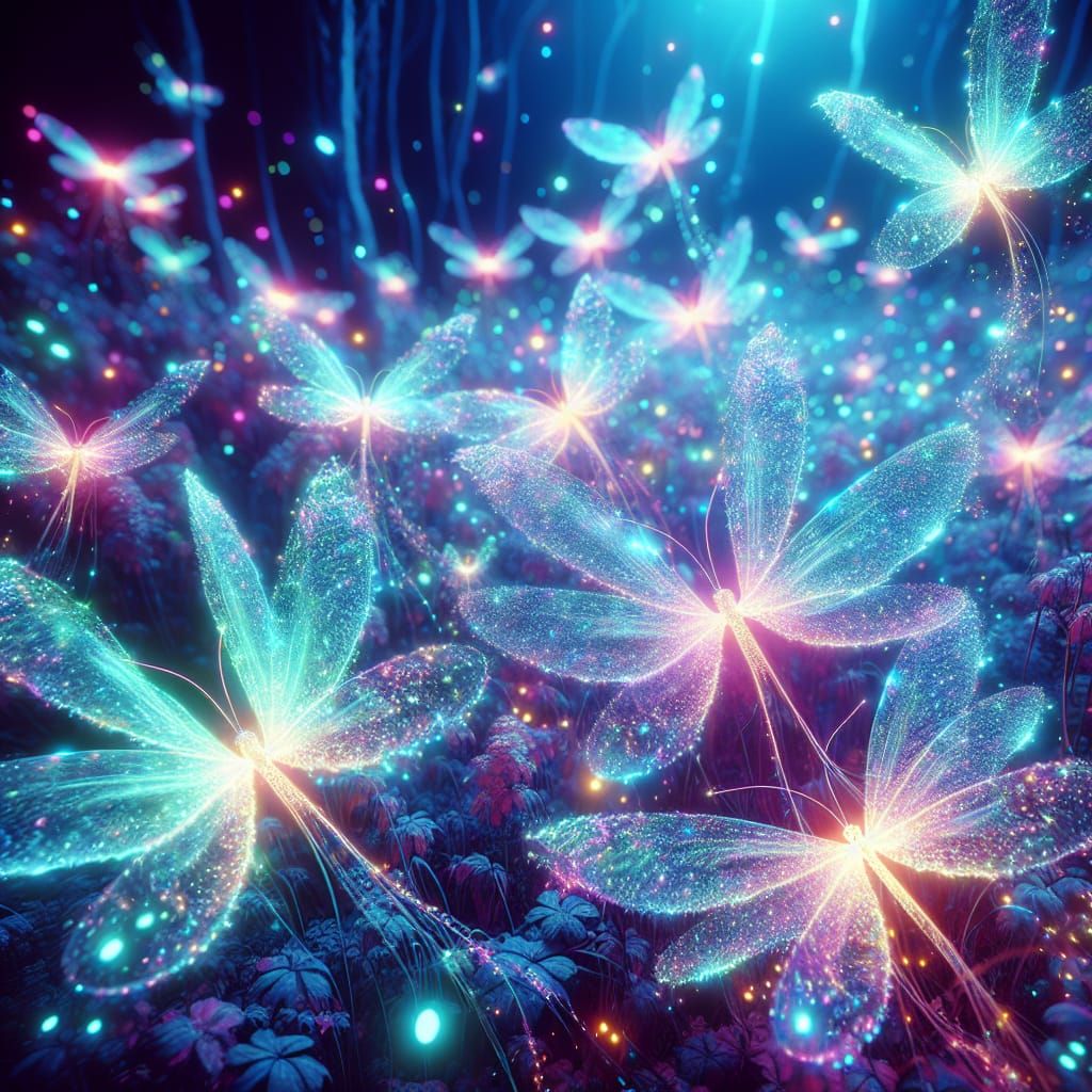 Neon Fireflies in Synthwave Retro Landscape