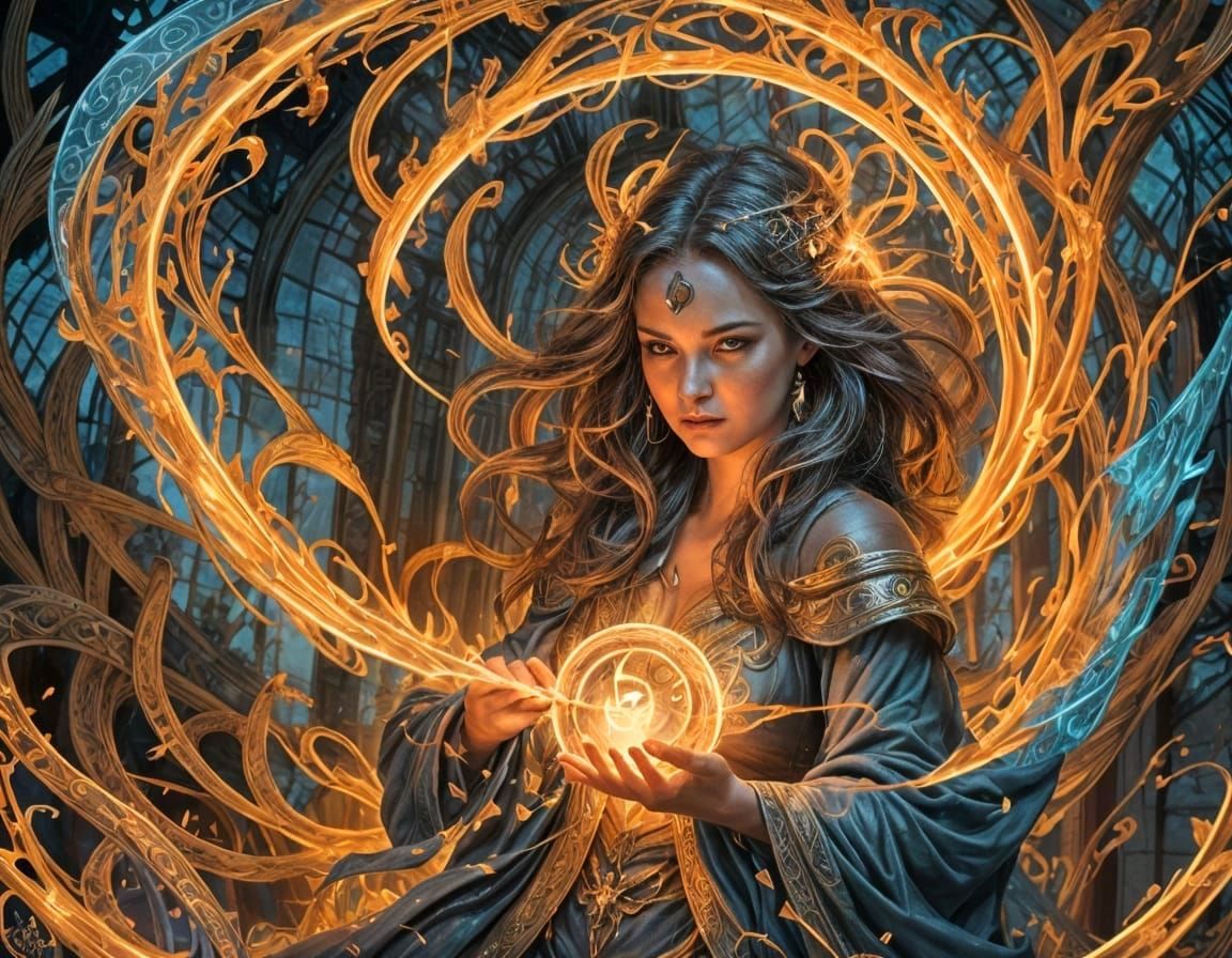 Sorceress Casting Spell with Glowing Runes, Comic Book Art