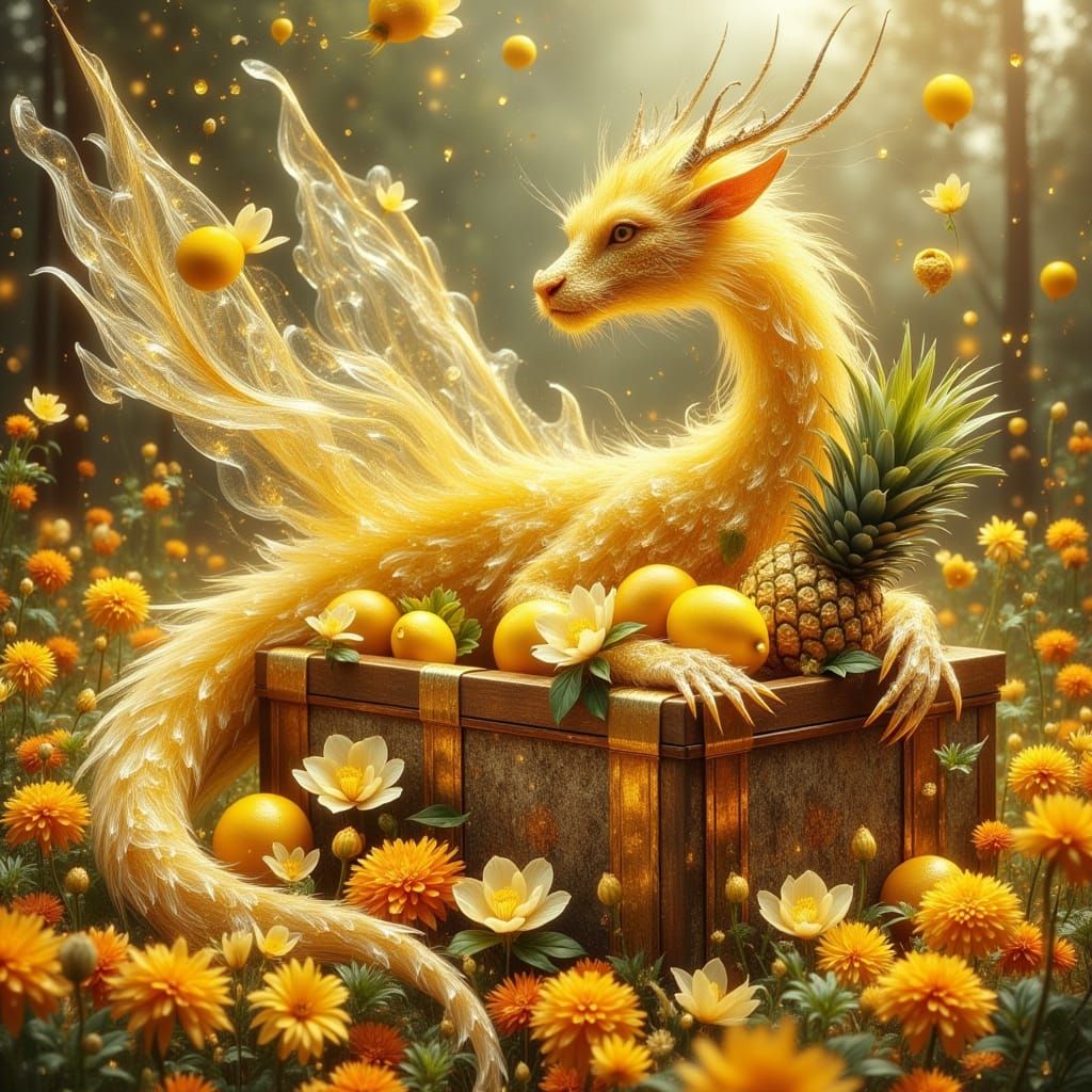 Dragon Hugging Fruit Chest in Whimsical Summer Landscape