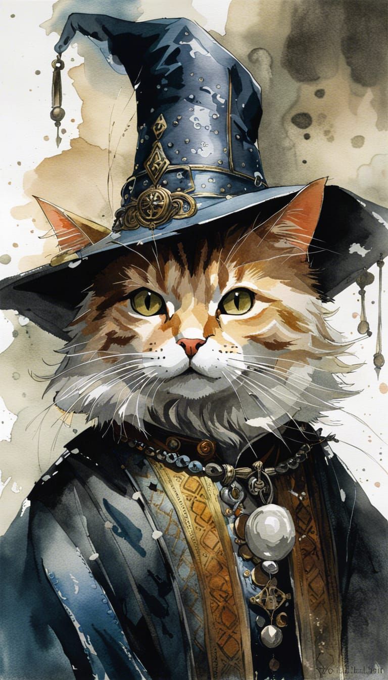 Medieval Cat Wizard Portrait in Watercolor Style