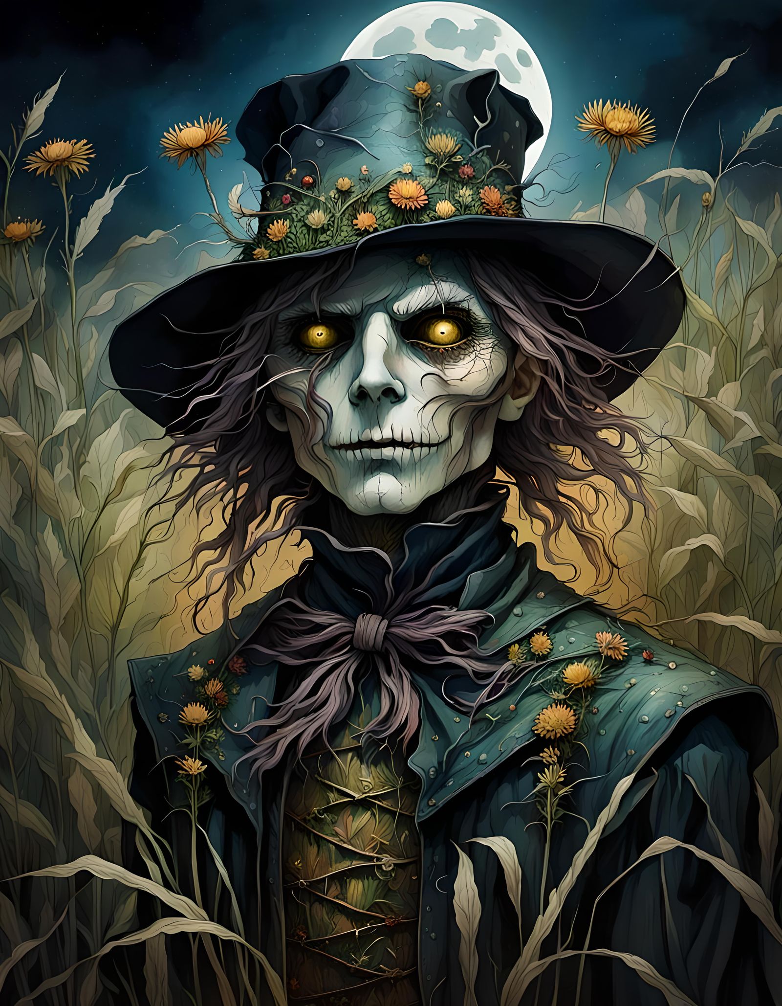 Surreal Scarecrow Portrait in Dark, Spooky Hues