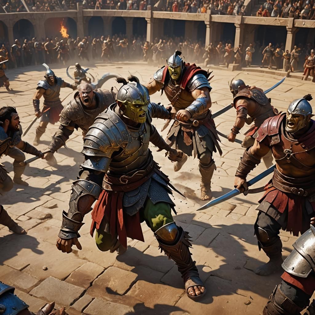 Half-Orc Gladiator in Arena: Hyperrealistic Splash Art