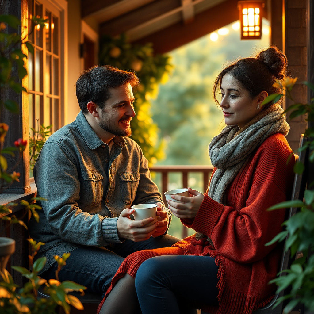 Cozy Couple Enjoying Tea on Porch in Fantasy Art