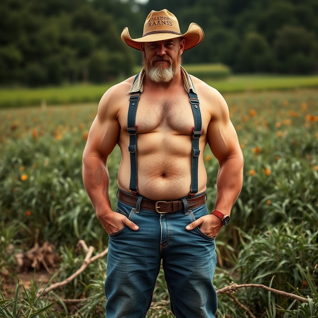 Toned Farmer Leans Against a Fence Post