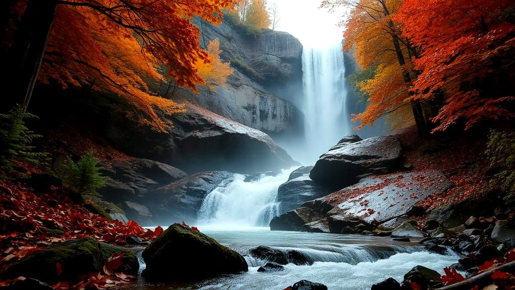 Magnificent Autumn Waterfall in Photorealistic Style