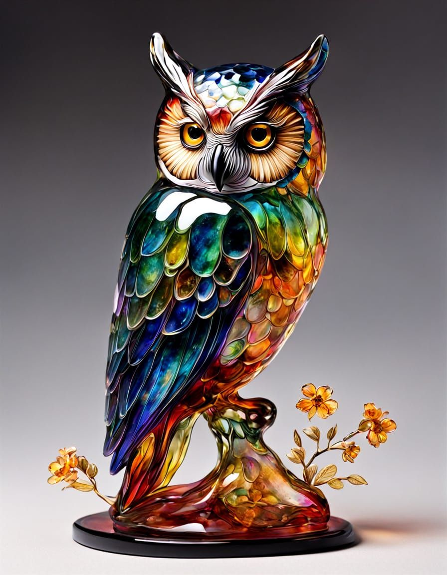 Realistic Glass Owl Statue with Golden Line Art and Colorful...