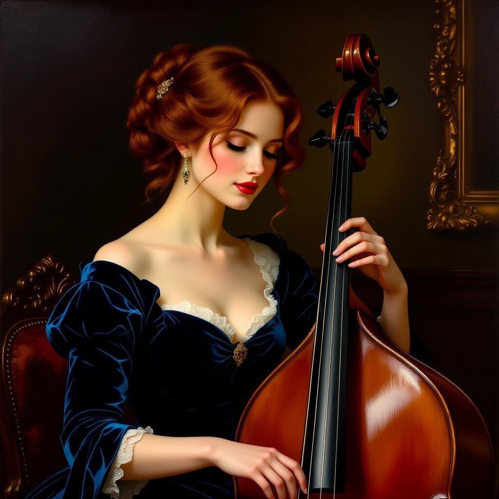 Baroque Oil Painting of Woman Playing Double Bass