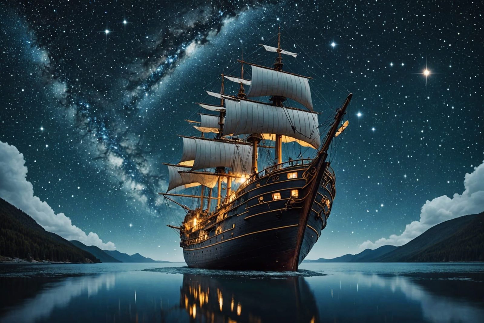 Dream Ship Floating in Starry Night Sky