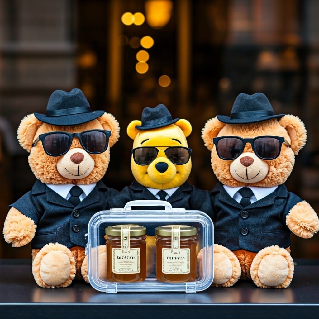 Two stuffed teddy bears dressed up as stereotypical bodyguar...