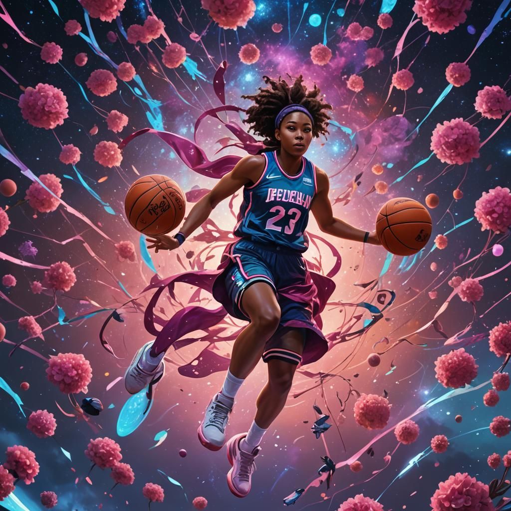 Basketball Galaxy with Enchanted Flowers in Fantasy Style