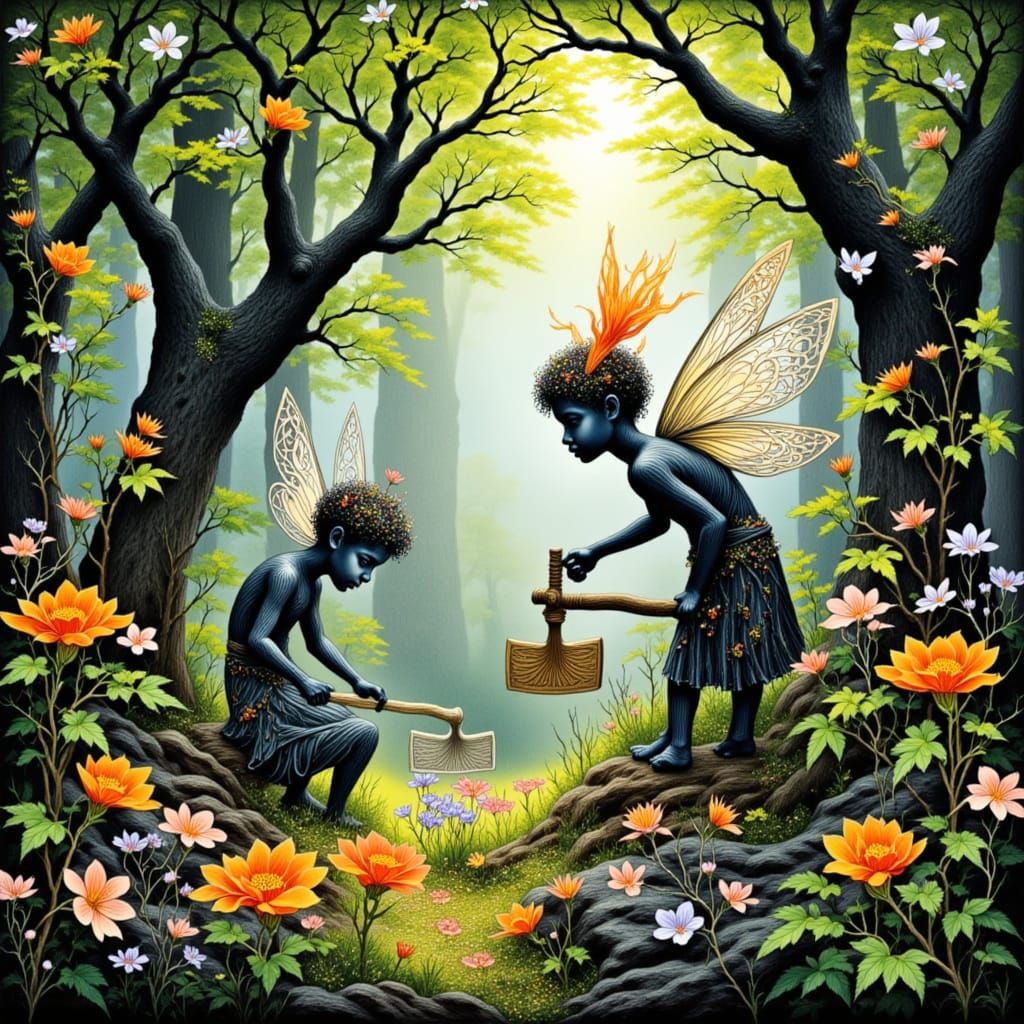 Whimsical Fairies Chopping Enchanted Flora in Sun-Dappled Lu...