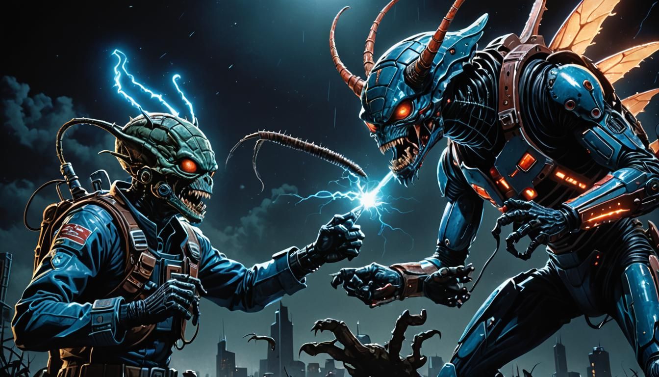 Heroic Fight Against Alien Bug, Science Fiction Illustration