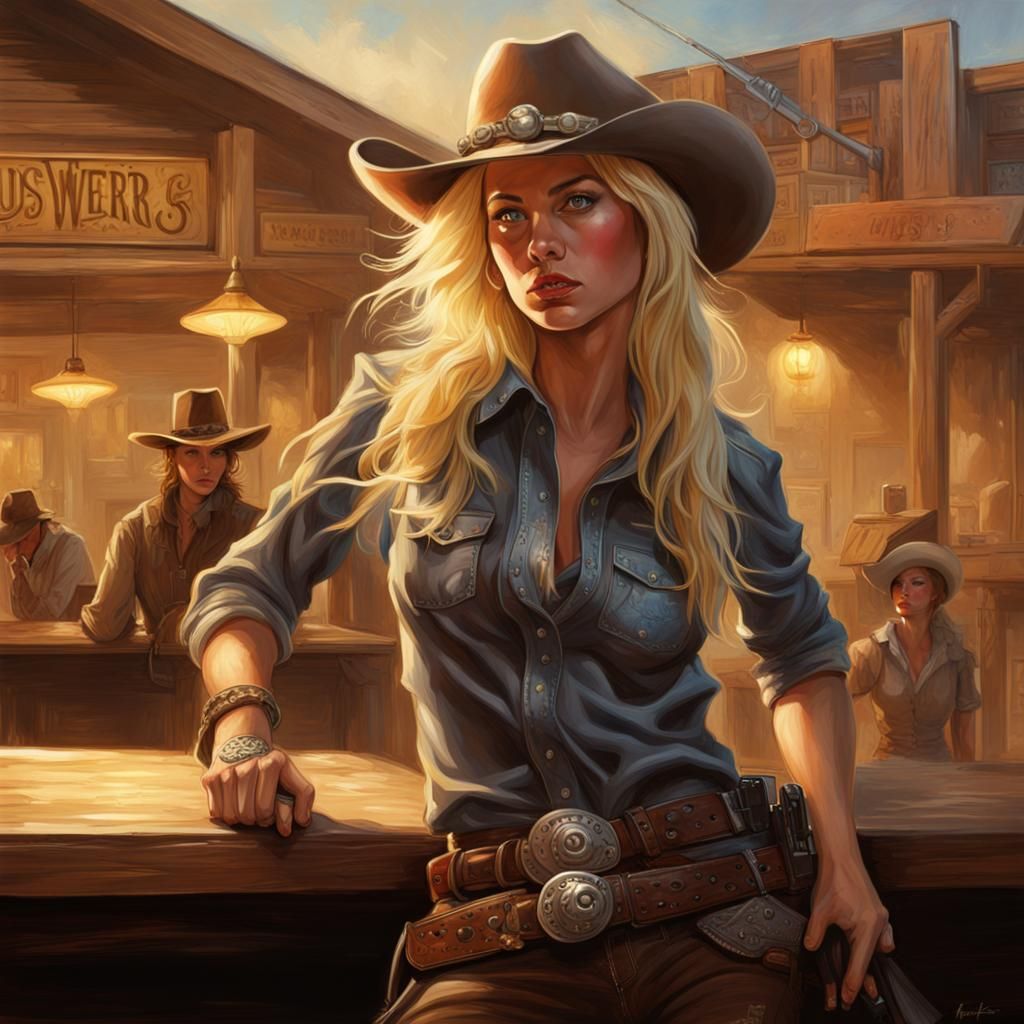 Hyperrealistic Cowgirl in Western Bar: Splash Art