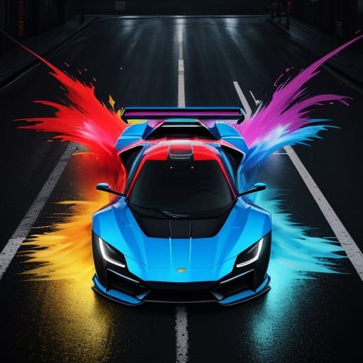Sleek Super Car Speeds Through Neon City Streets in Graffiti...