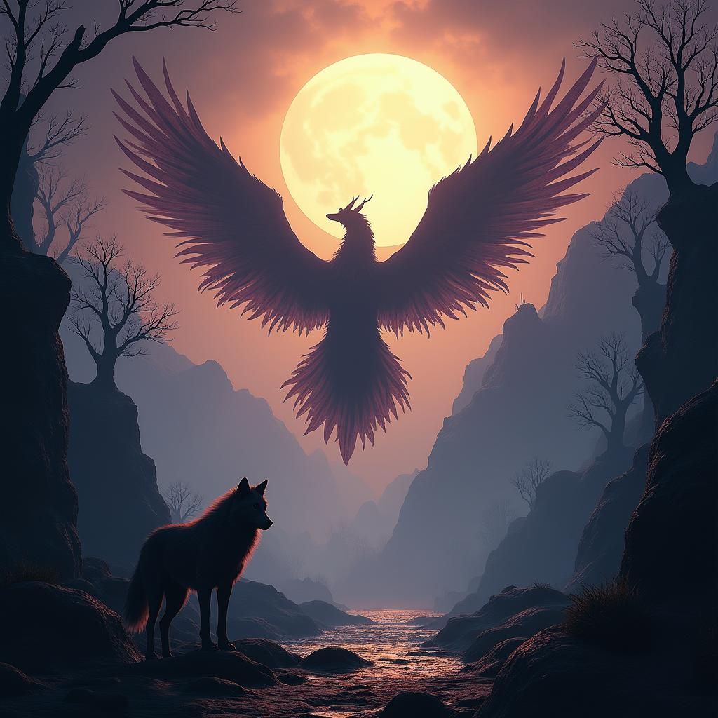 Mystical Winged Creature in Dark Fantasy Realm