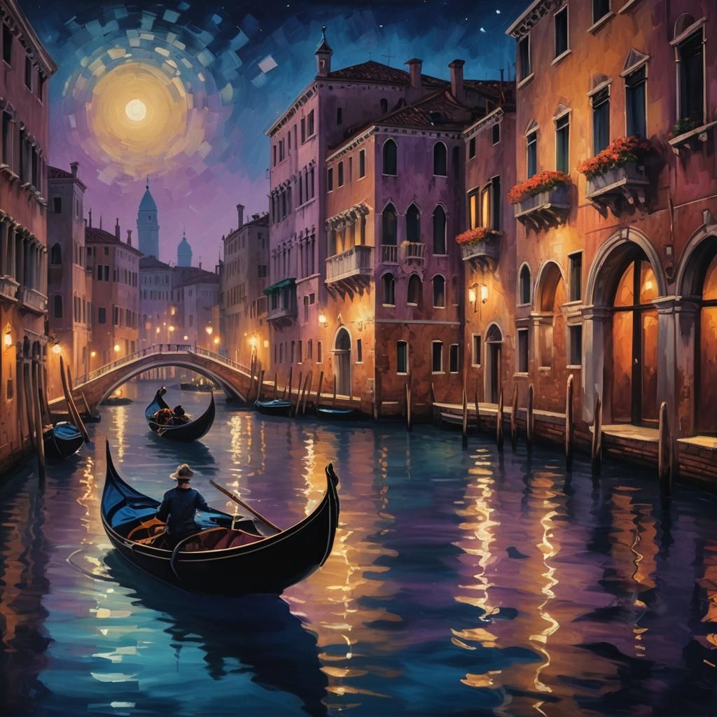 Venice Gondola at Night: Romantic Oil Painting