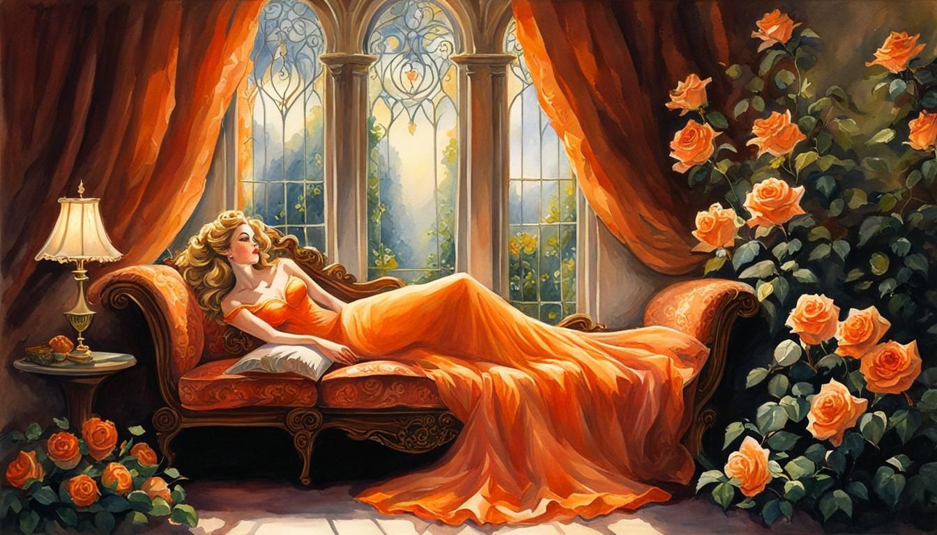 Sleeping Beauty with Orange Roses in Watercolor