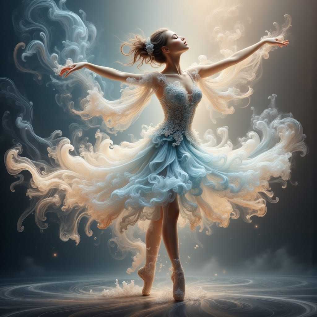 Ethereal Smoke Ballerina Dancing on Water Piano
