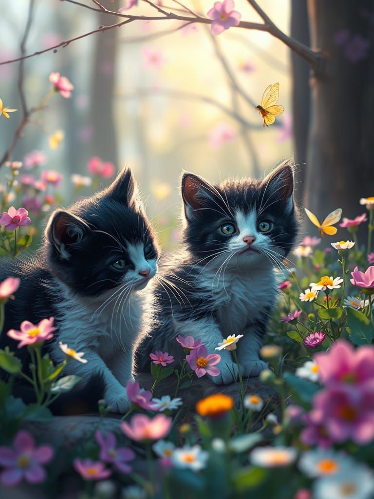 Whimsical Kittens Dance with Fairies in a Spring Woodland