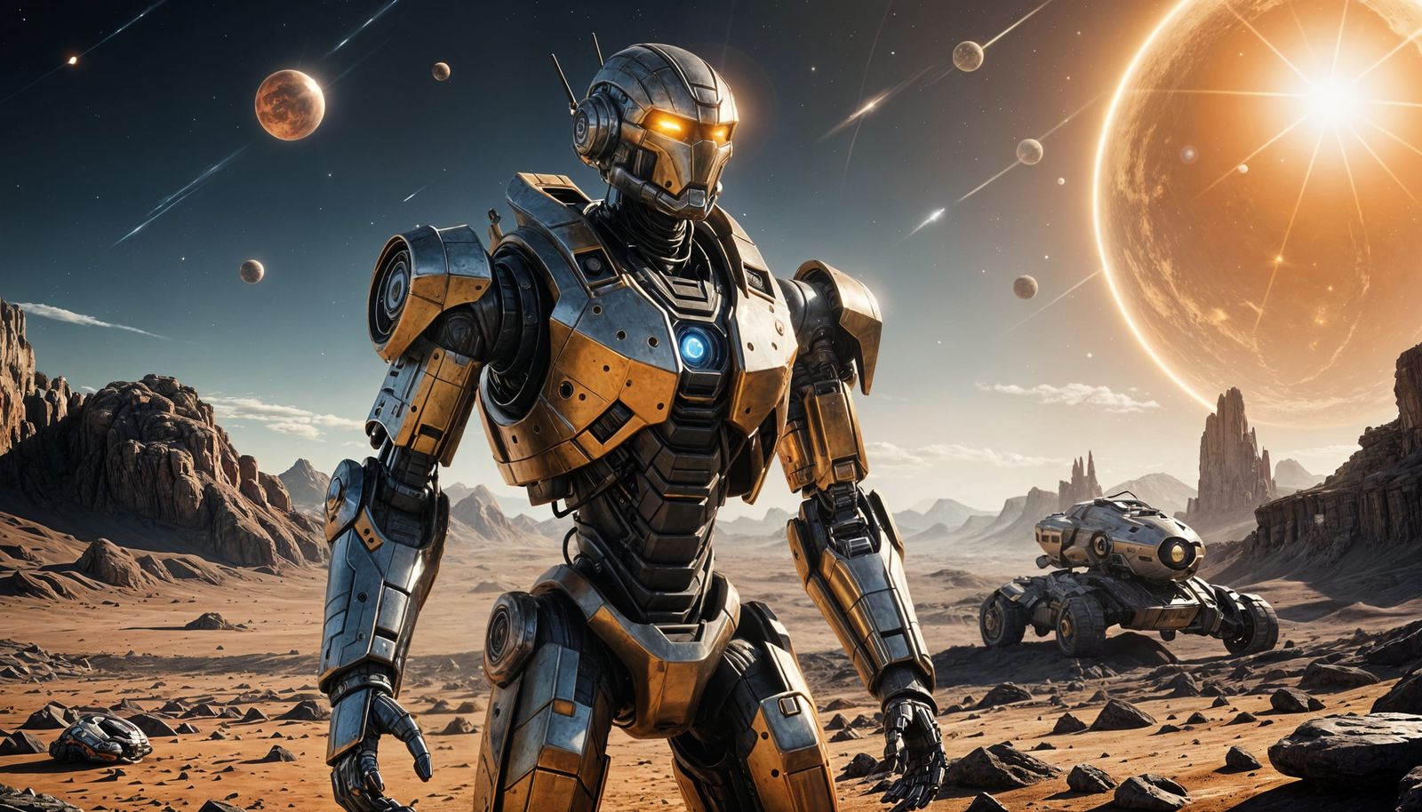 Robot on Binary Star Planet in Sci-Fi Style