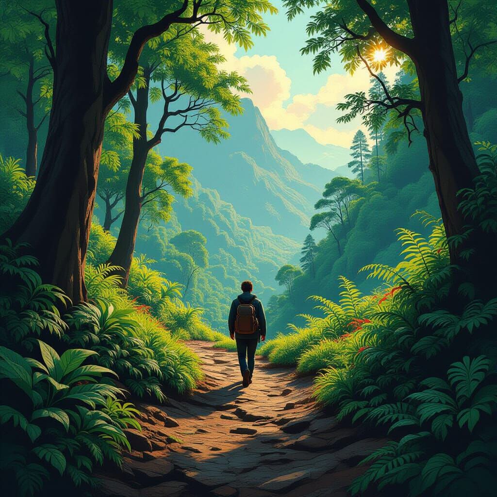 Winding Path Through Lush Nature in Realistic Style