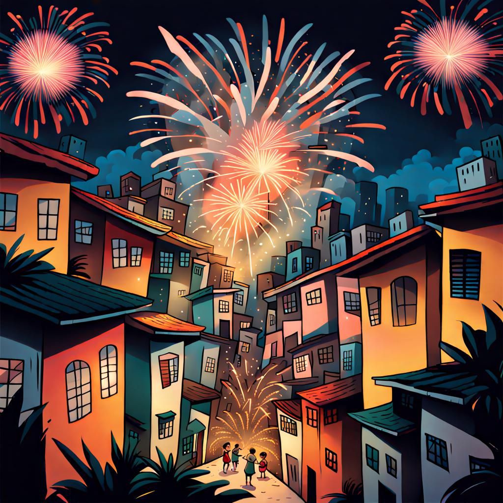 New Year's Eve Fireworks Over Favela Cartoon