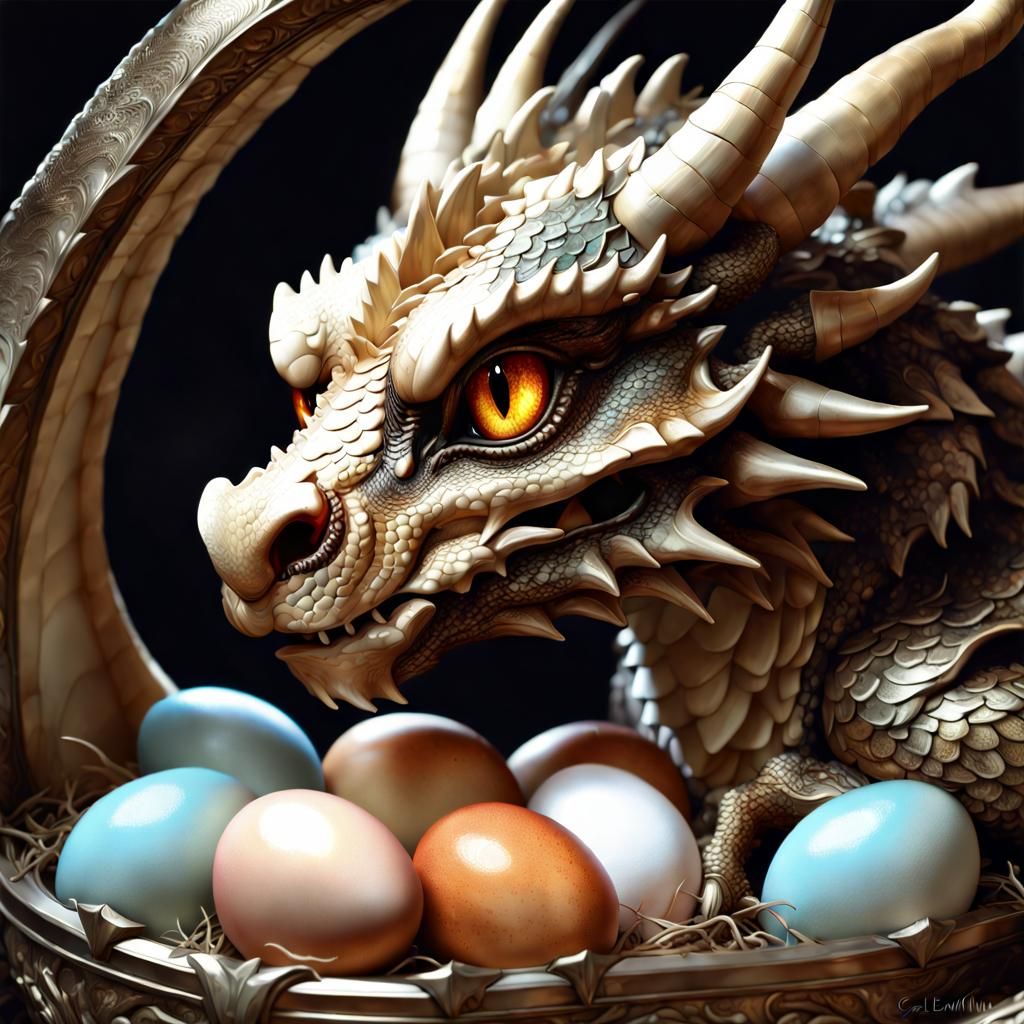 Protective Dragon Mother with Eggs in Fantasy Art