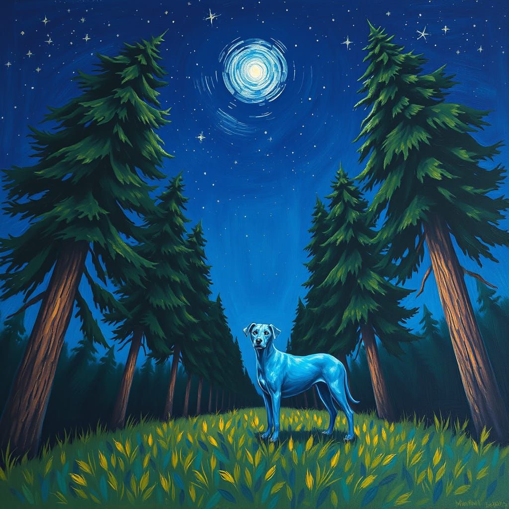 Blue Dog Under Starry Night Sky Painting