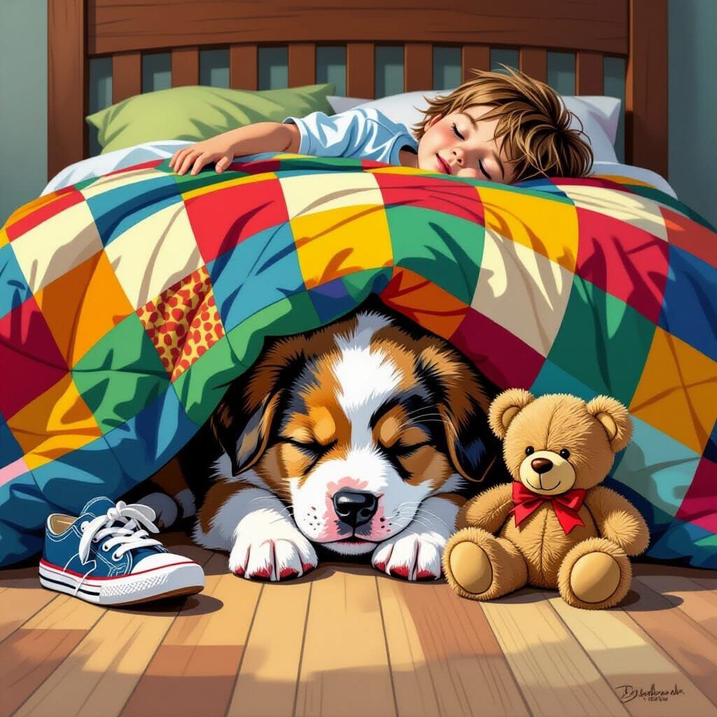 Puppy's Peek: Child Napping Above in Comic Art Style