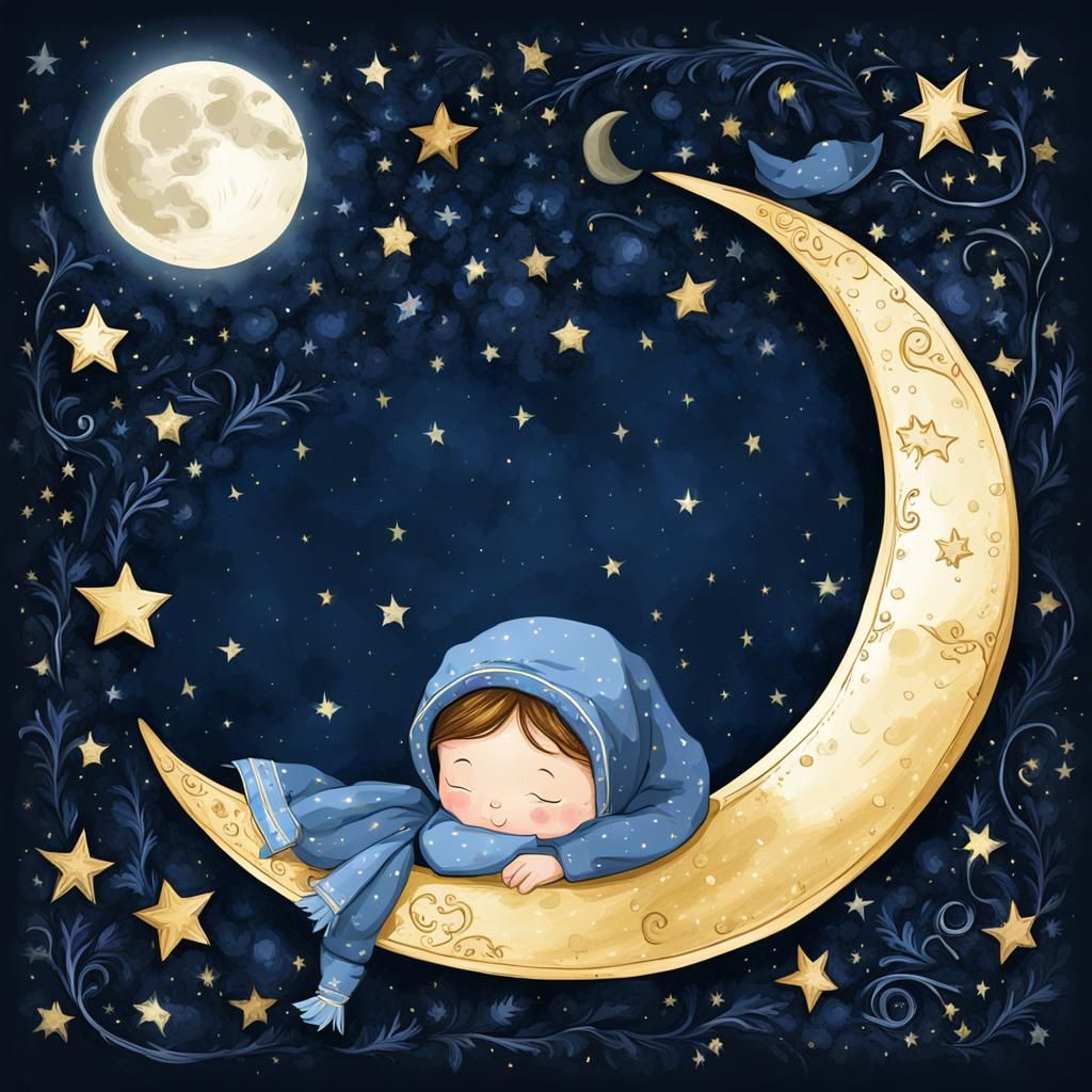 Crescent Moon Wearing Nightcap Sleeping Under Stars